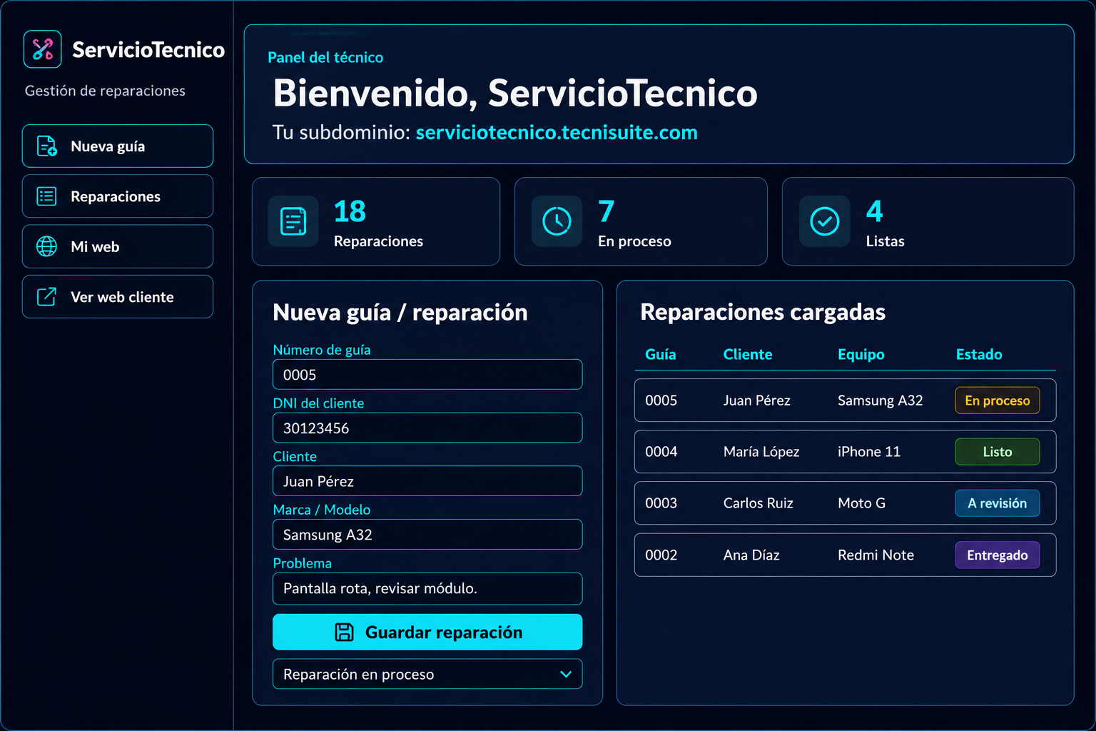 Captura real del panel técnico